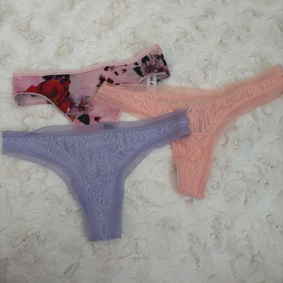 Soma Thong Panties Set of 3 Vanishing Edge Stretch Lace Floral Peach Purpl - Picture 1 of 9